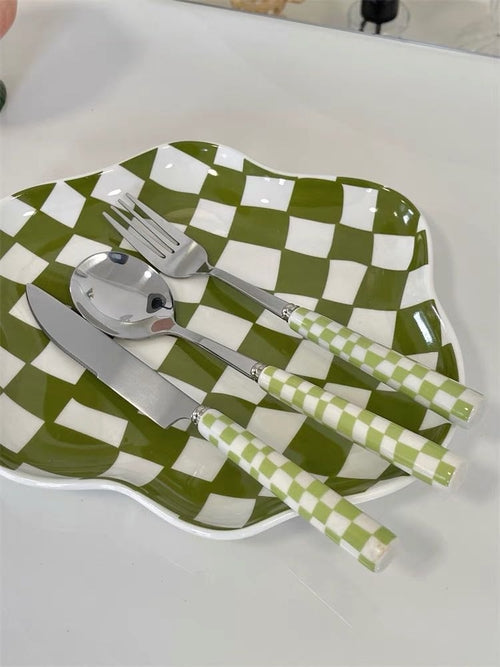 Modern Checkered Flatware Set (6 pcs) – Stainless Steel Silverware with Colorful Handles