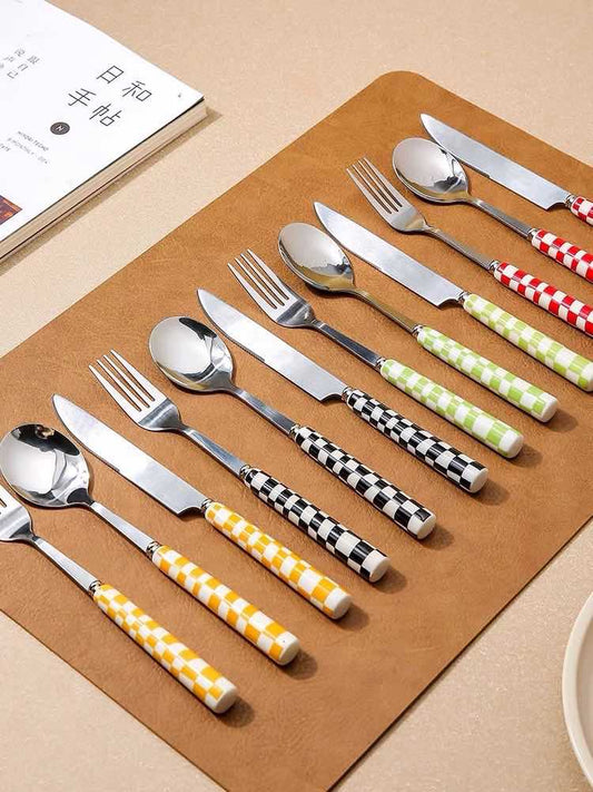 Modern Checkered Flatware Set (6 pcs) – Stainless Steel Silverware with Colorful Handles