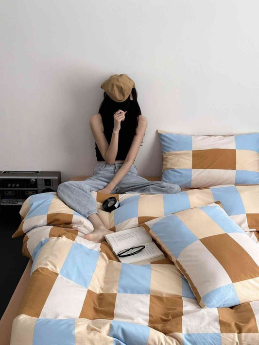Dopamine Checker Queen Duvet Cover Set with Pillowcases & Fitted Sheet
