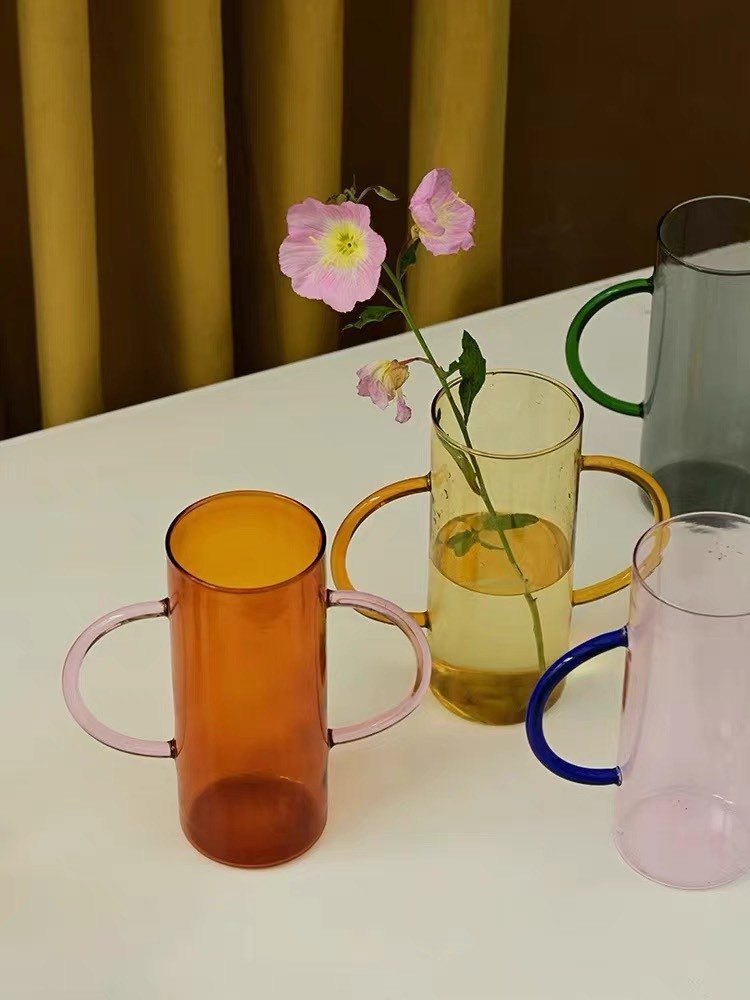 Dual-Handle Dopamine Glass Vase – Whimsical Handblown Flower Vessel