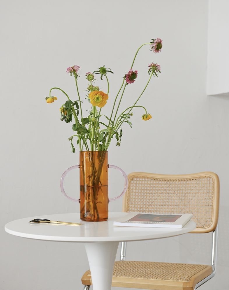 Dual-Handle Dopamine Glass Vase – Whimsical Handblown Flower Vessel