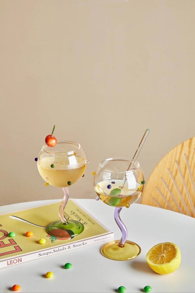 Handblown Rainbow Sprinkles Wine Glasses – Whimsical Coupe Set with Wavy Stem