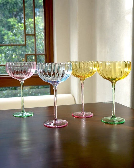 Retro Pastel Cocktail Glasses Coupe Set (4 pcs) – Handblown Vintage-Inspired Party Glassware