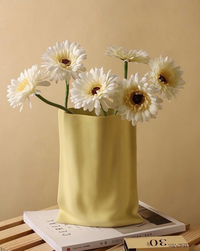 Handmade Ceramic Wrinkle Vase — Morandi Color Decorative Art Piece