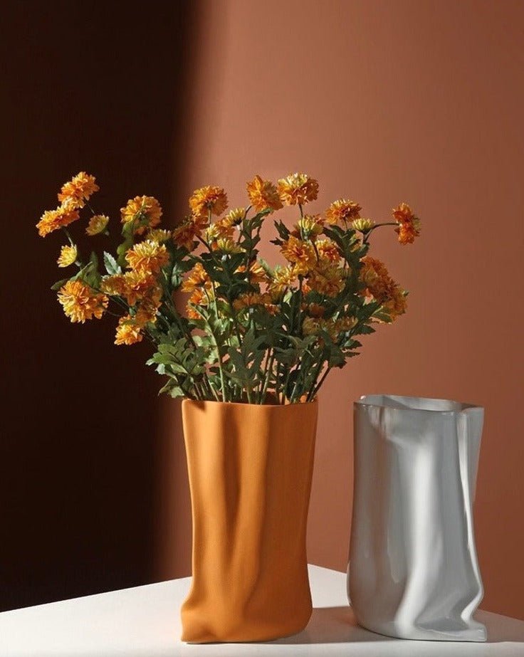 Handmade Ceramic Wrinkle Vase — Morandi Color Decorative Art Piece