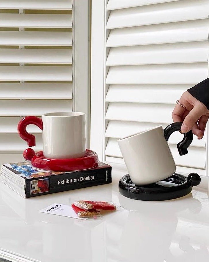 Ceramic Mug & Saucer Set – “!?” Emoji Handle