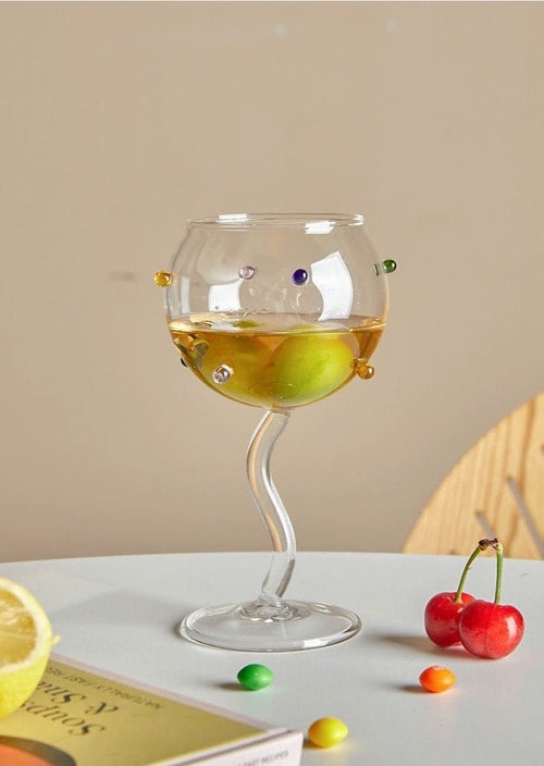 Handblown Rainbow Sprinkles Wine Glasses – Whimsical Coupe Set with Wavy Stem