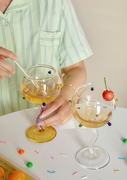 Handblown Rainbow Sprinkles Wine Glasses – Whimsical Coupe Set with Wavy Stem