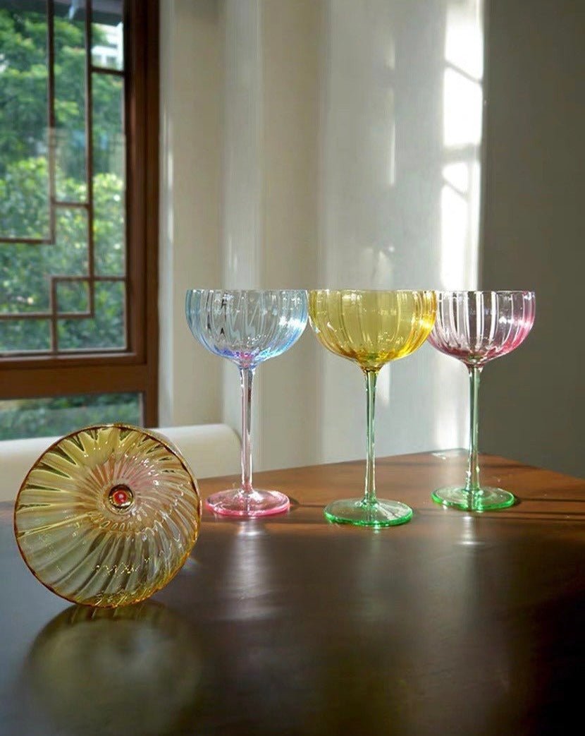 Retro Pastel Cocktail Glasses Coupe Set (4 pcs) – Handblown Vintage-Inspired Party Glassware