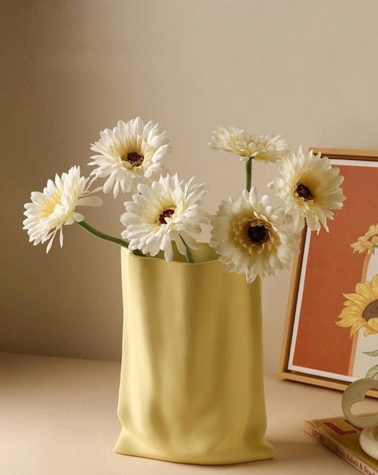 Handmade Ceramic Wrinkle Vase — Morandi Color Decorative Art Piece