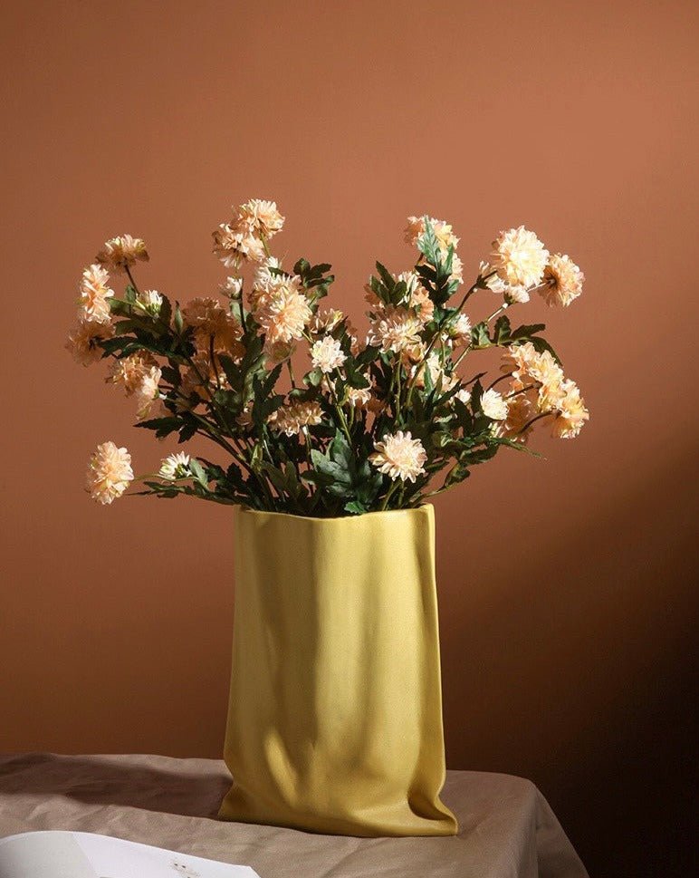 Handmade Ceramic Wrinkle Vase — Morandi Color Decorative Art Piece